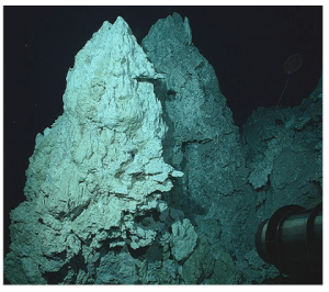 Typical morphology of active chimney at Lost City showing multiple, delicate pinnacles of young carbonate material. (NOAA website)